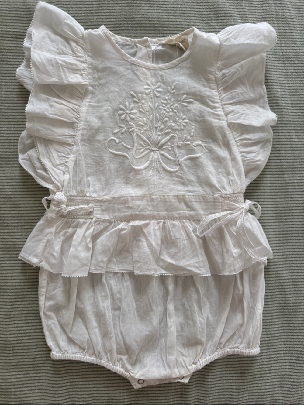 White Embroidered Baby Romper with Ruffle Details